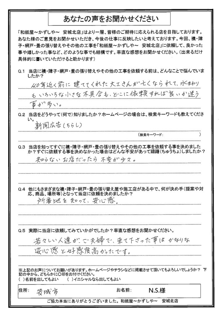 S様邸　 40年近く前に建ててくれた大工さんが亡くなられて、水まわりも、いろいろな小さな不具合も、どこに依頼すれば良いか迷う事が多い。|安城市の襖・障子・網戸・畳の張替え　手張り表具職人の店 和紙屋（かずしや）安城北店